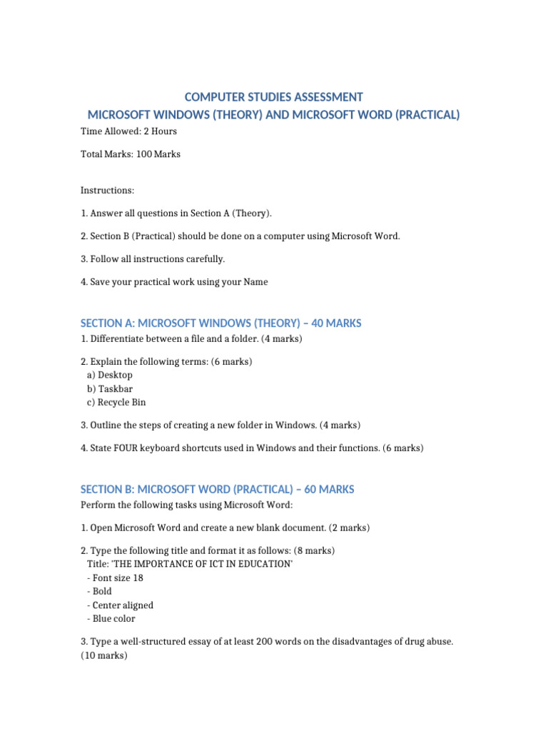 Microsoft Windows and Word Assessment | PDF
