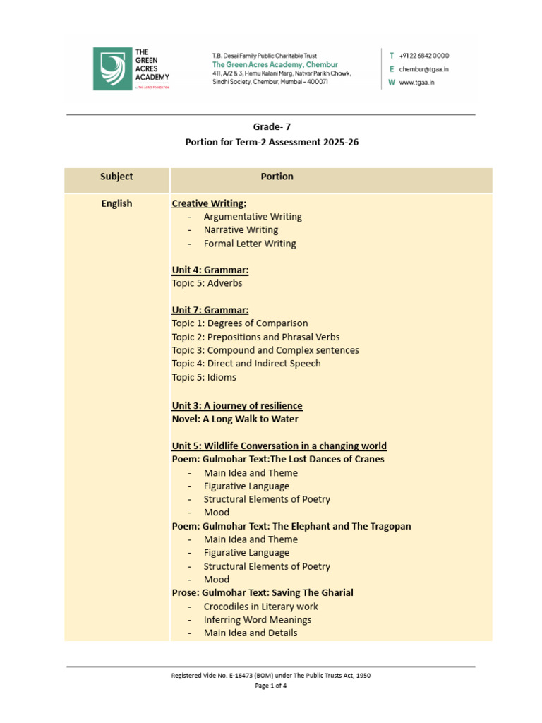 Grade 7 Syllabus For Term-2 Assessment 25-26 | PDF