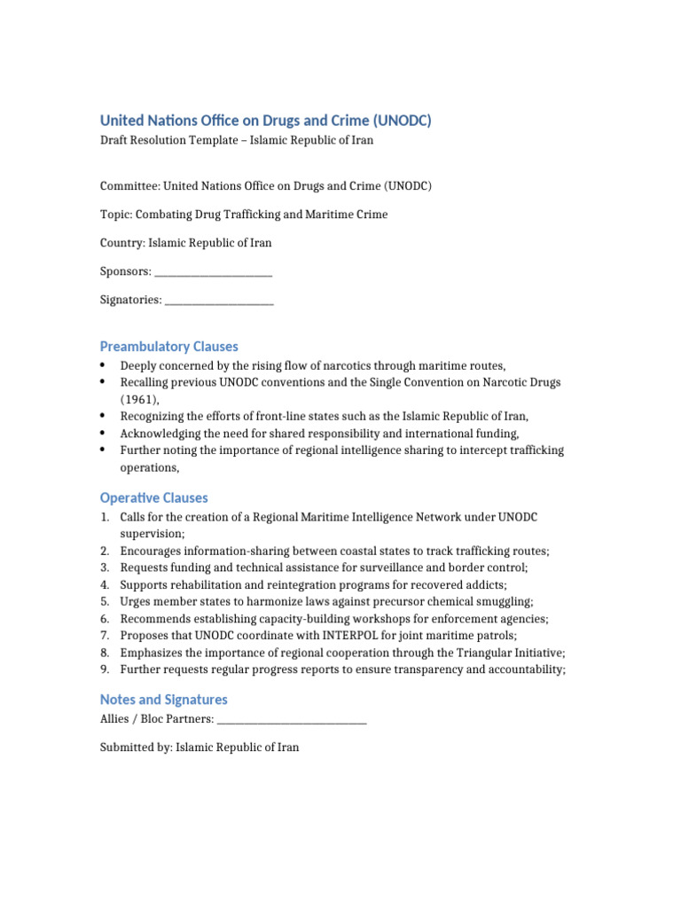 UNODC Draft Resolution Template Iran | PDF