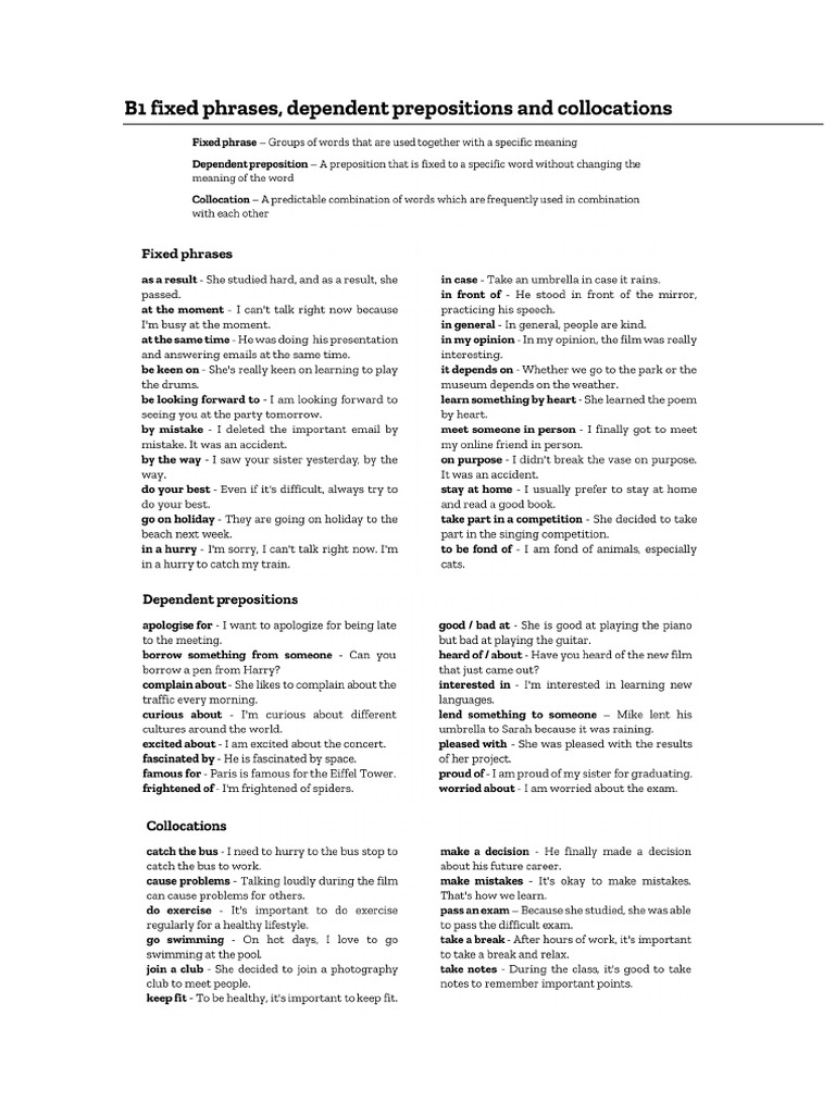 B1 Fixed Phrases Dependent Prepositions and Collocations | PDF