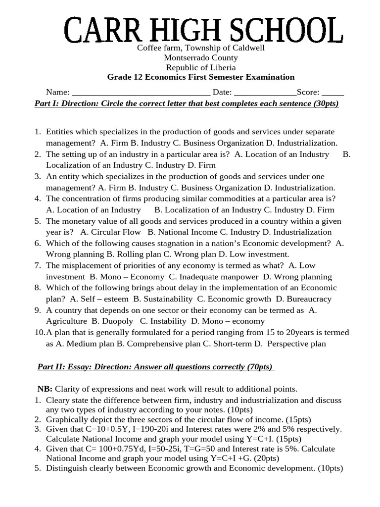 12 Economics First Semester Examination | PDF | Demand | Imperfect ...
