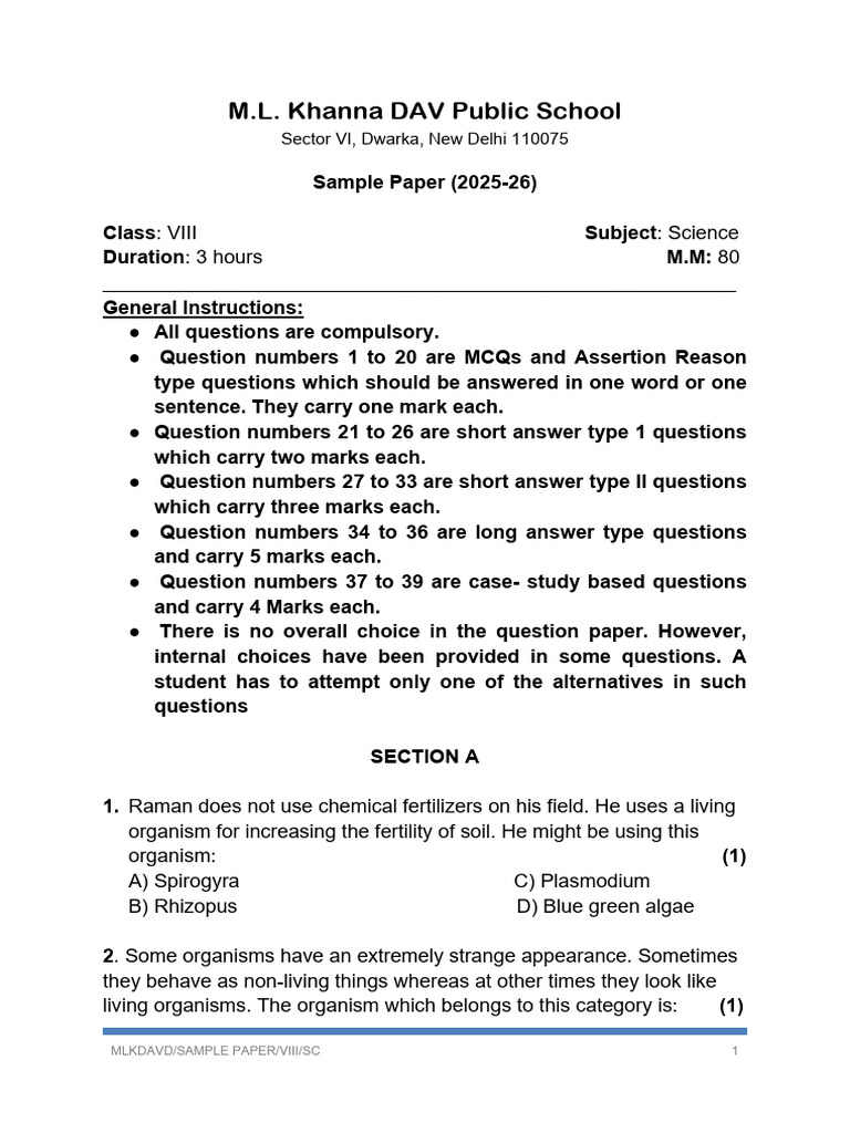 Sample Paper - Science | PDF
