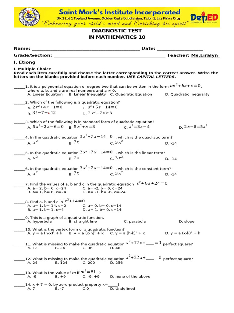 DIAGNOSTIC EXAM IN MATH 10 | PDF | Mathematics | Elementary Mathematics