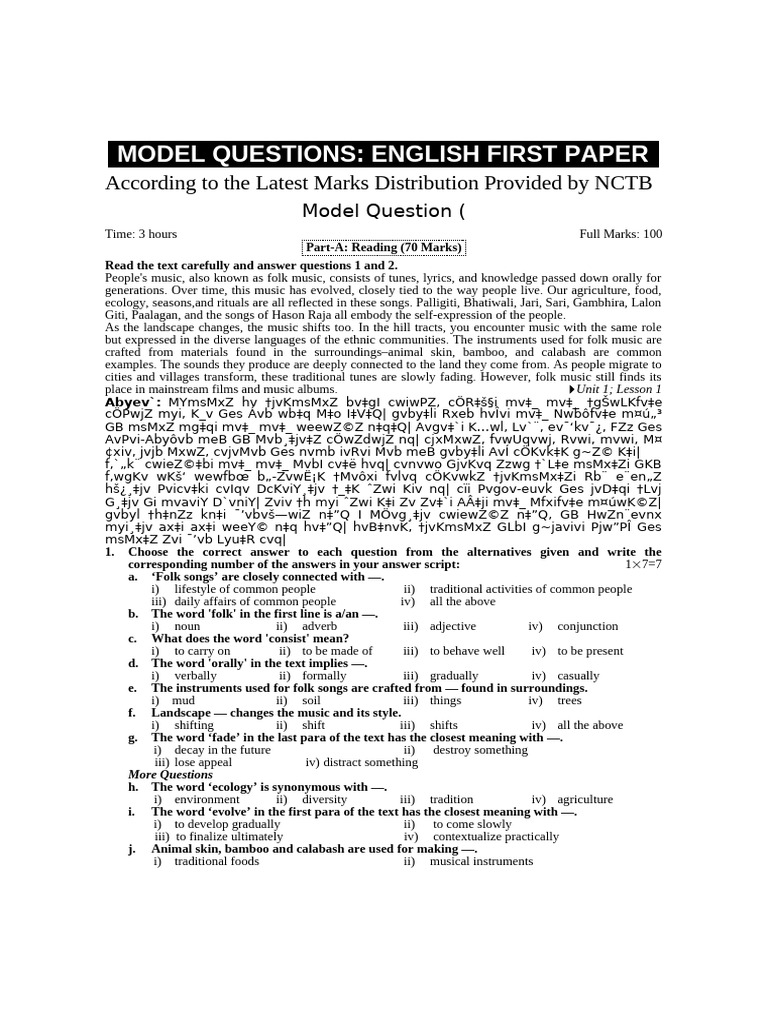 Model Question English 1st Paper | PDF