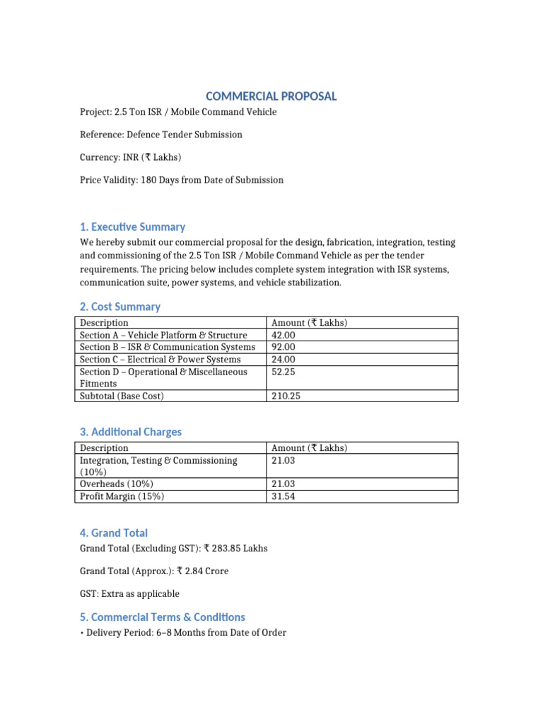 Defence Tender Commercial Proposal 2.5 Ton ISR | PDF