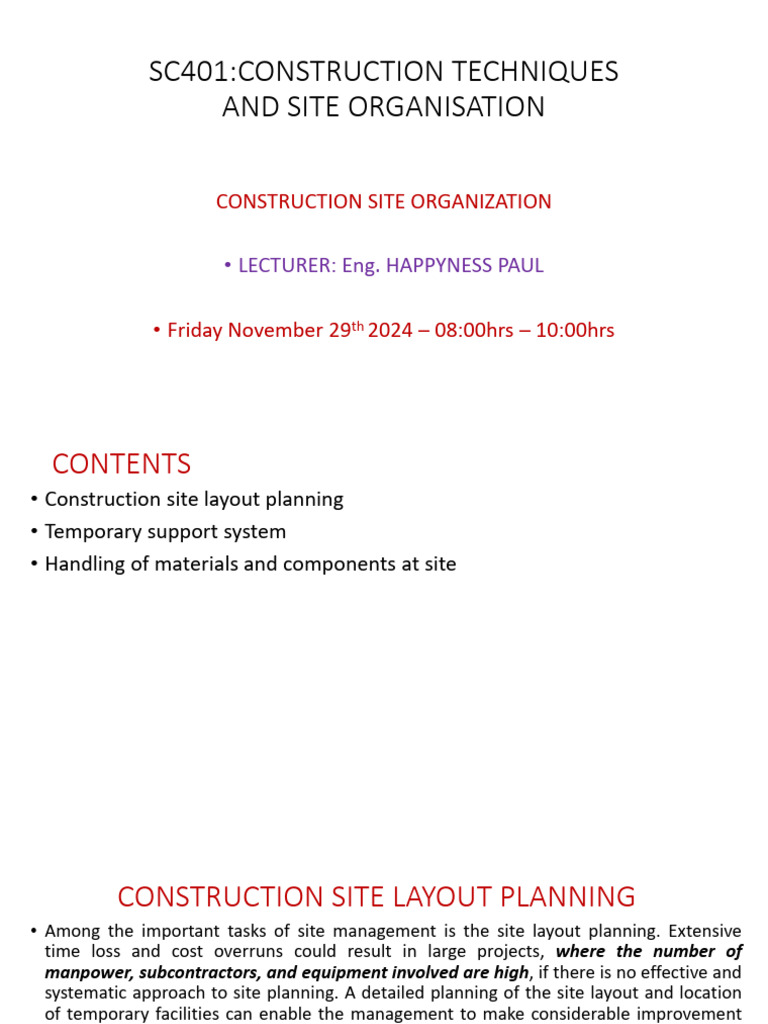 SC 401 Lecture 03 Construction Site Layout | PDF | Warehouse | Concrete