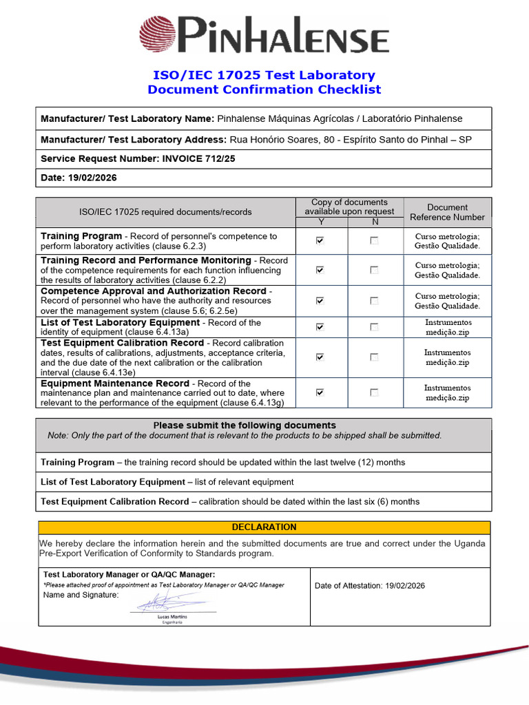 ISO-IEC 17025 Document Confirmation Checklist - Pinhalense Máquinas ...