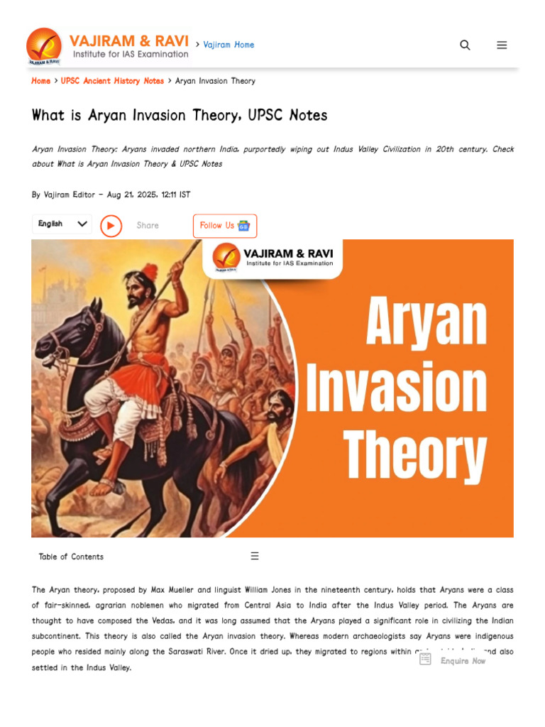 What Is Aryan Invasion Theory, UPSC Notes | PDF