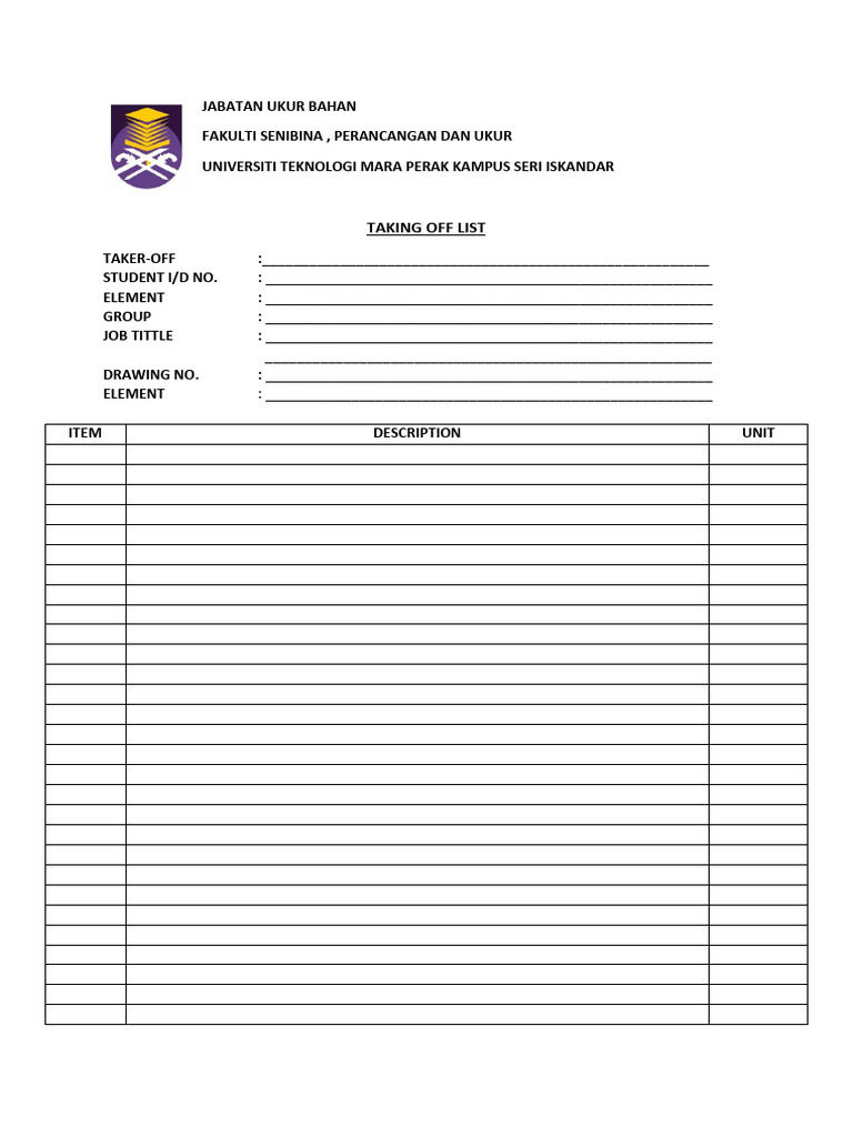 Taking Off List Template | PDF