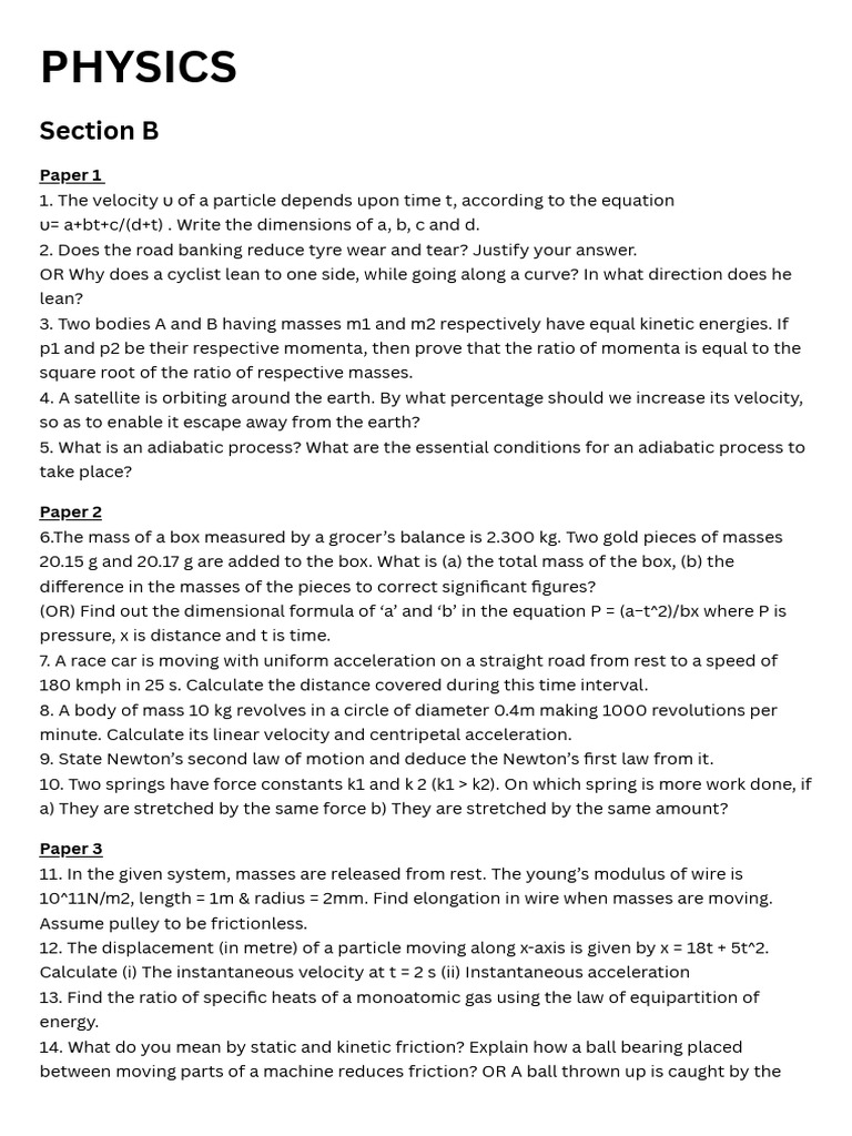 Physics Previous Year Papers Section B | PDF | Force | Gases