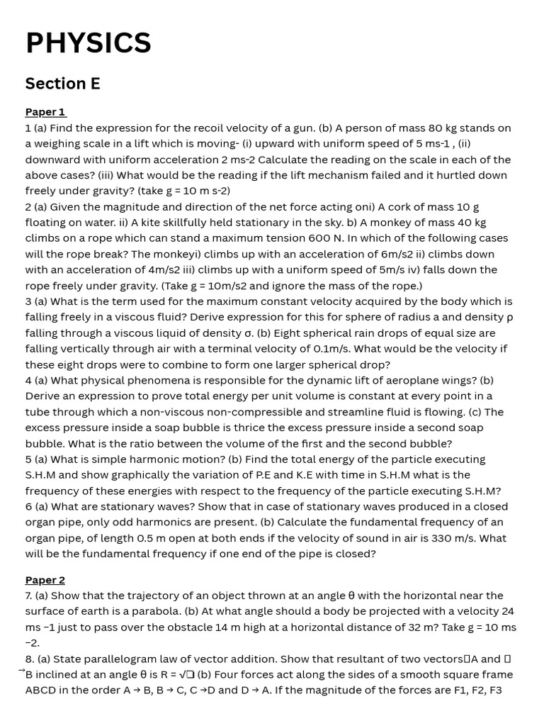 Physics Previous Year Papers Long Questions | PDF | Acceleration | Force