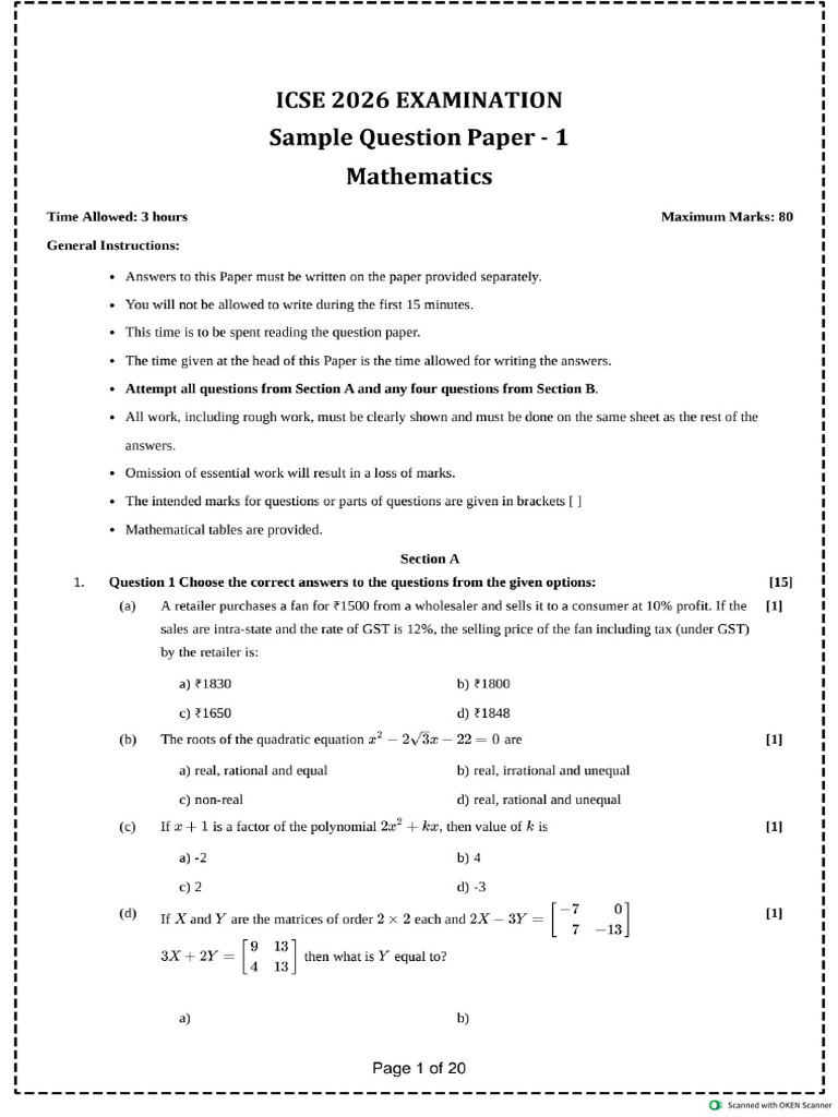 Maths Sample QP 1 | PDF