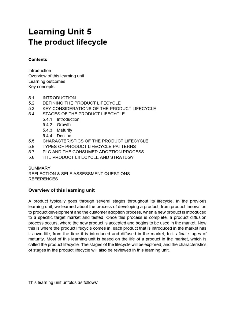 MNM2614 Learning Unit 5 | PDF | Marketing | Product Lifecycle