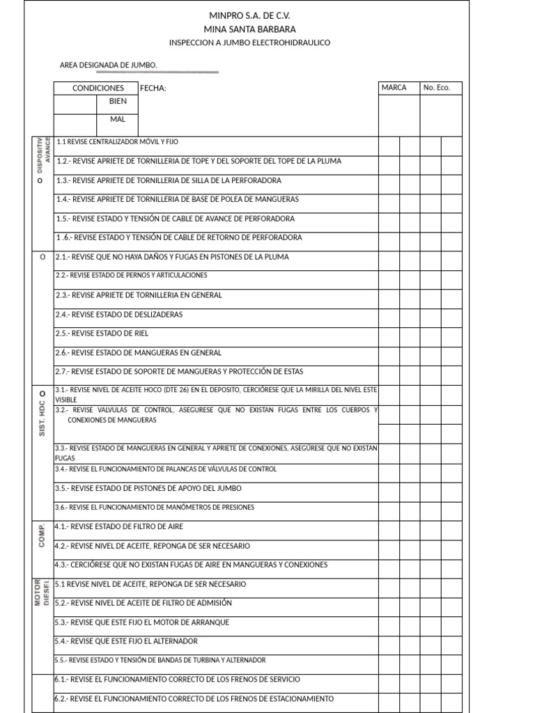 Check List Jumbo Anclador | PDF | Ingeniería mecánica | Máquinas