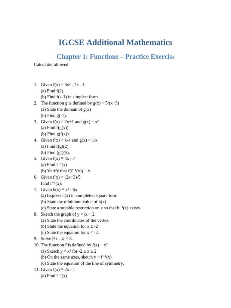 IGCSE AddMathsFunctions Practice 030326 | PDF