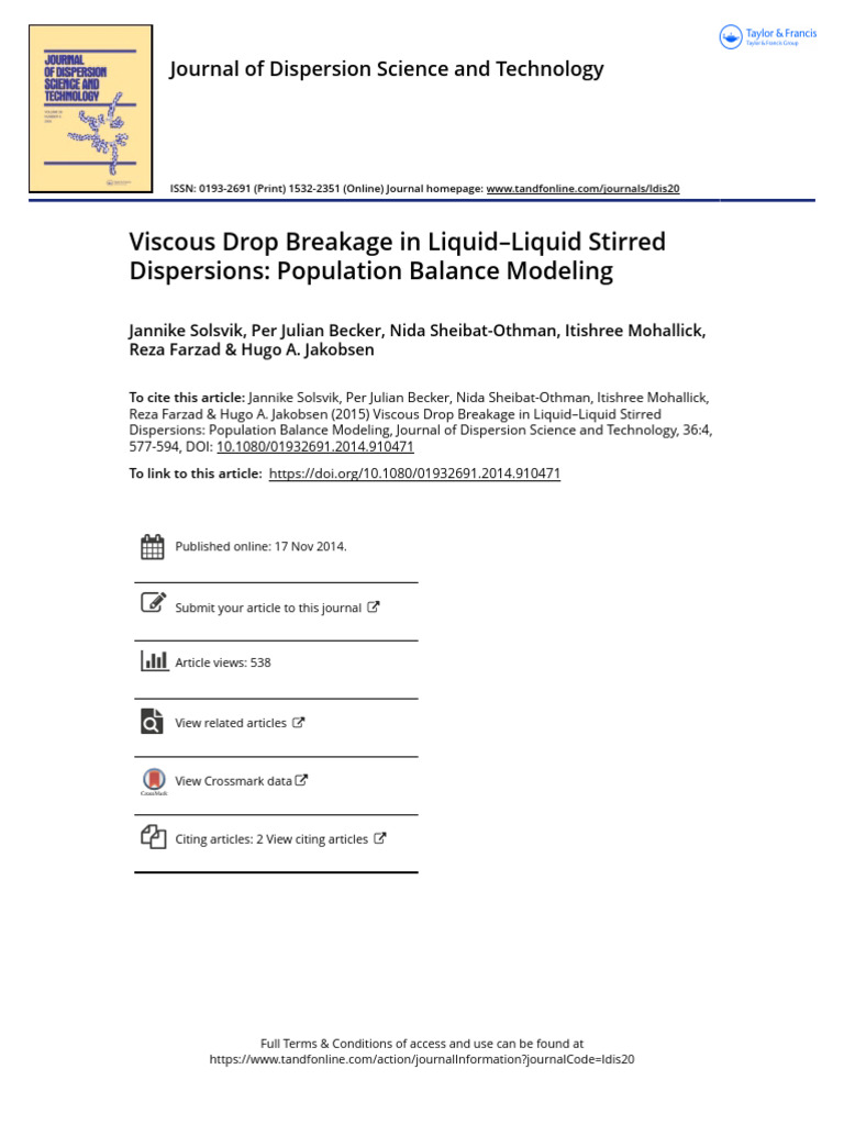 Viscous Drop Breakage in Liquid Liquid Stirred Dispersions Population ...