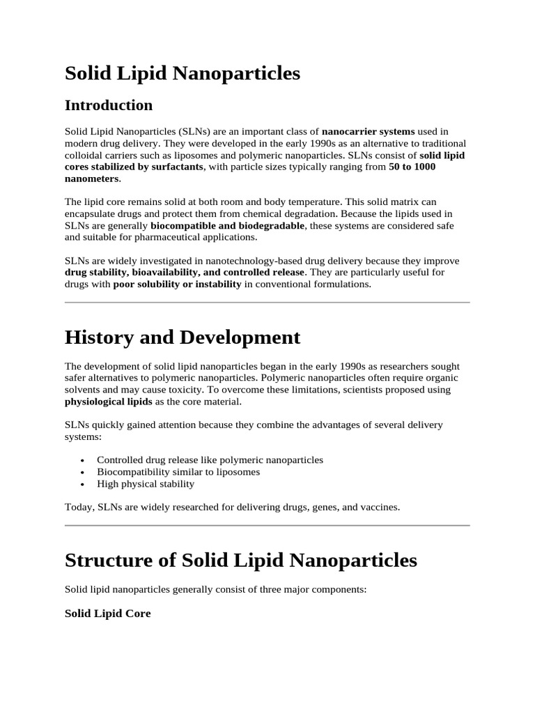 Solid Lipid Nanoparticles | PDF | Nanoparticle | Physical Sciences