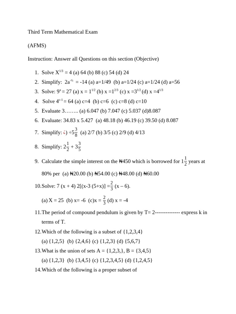 Third Term Mathematical Exam | PDF