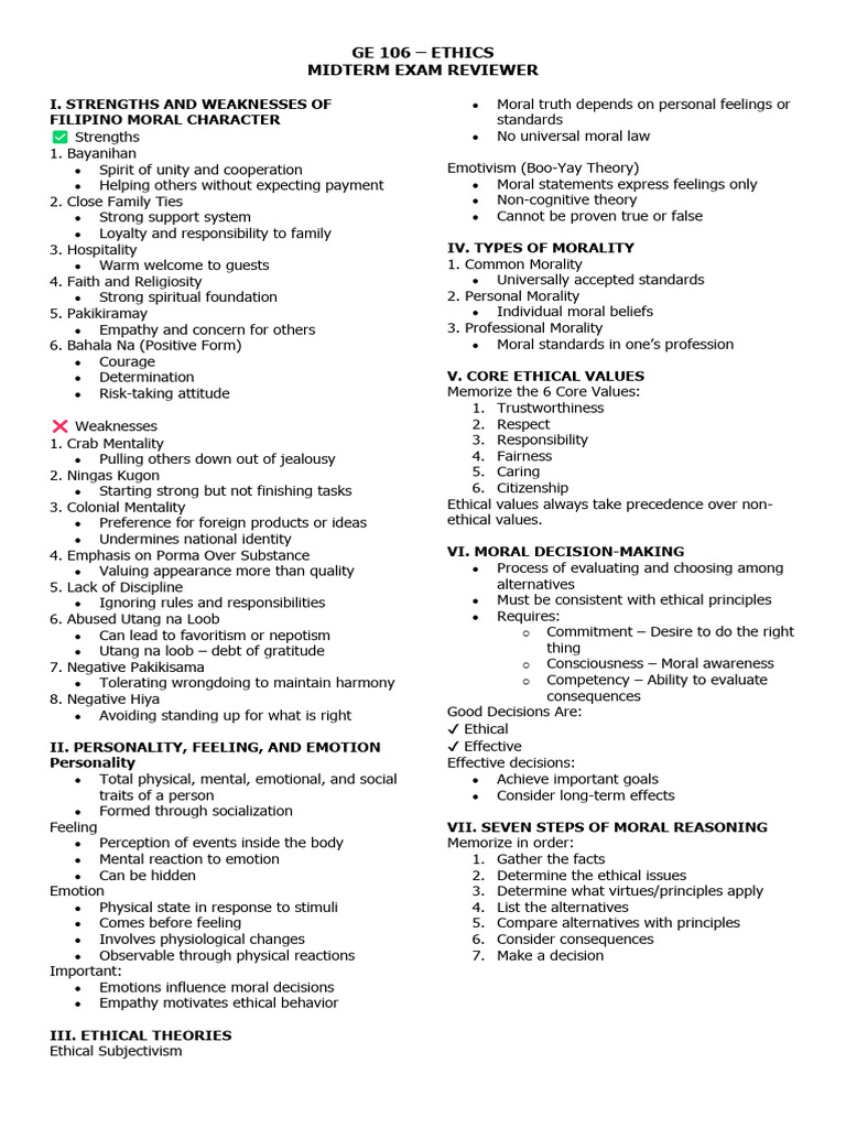 Ge 106 Midterm Reviewer | PDF | Morality | Emotions
