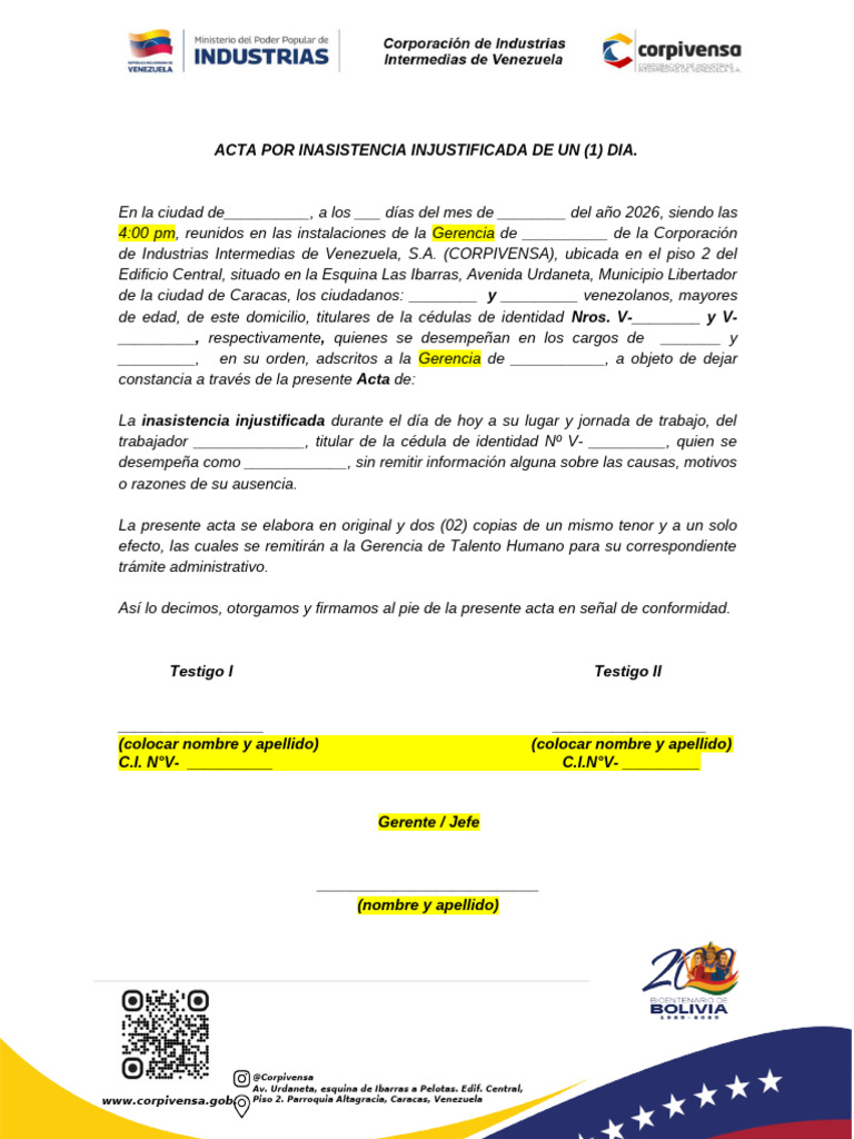 Modelo Acta de Inasistencia Injustificada - 1 Dia | PDF