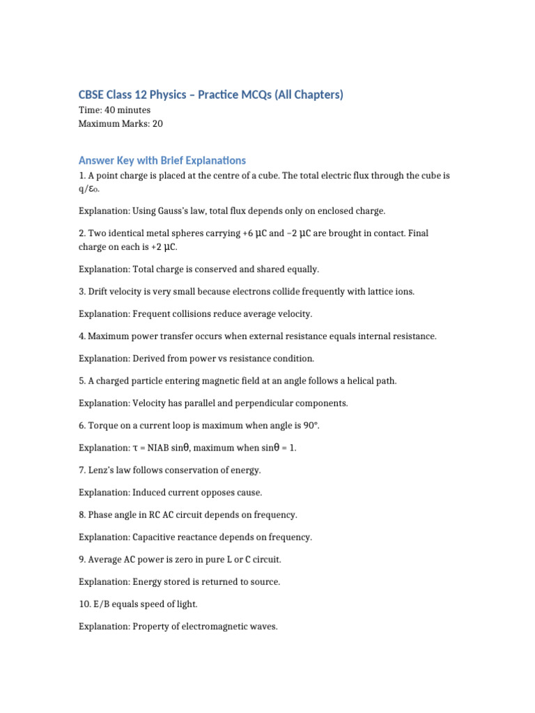 CBSE Class12 Physics 20 MCQs With Explanations | PDF