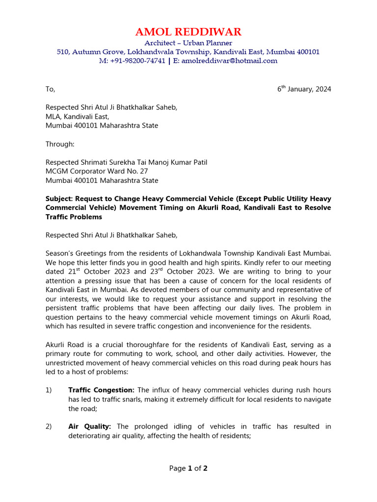 Letter to the MLA Kandivali East Mumbai 25102023 4 | PDF | Traffic ...