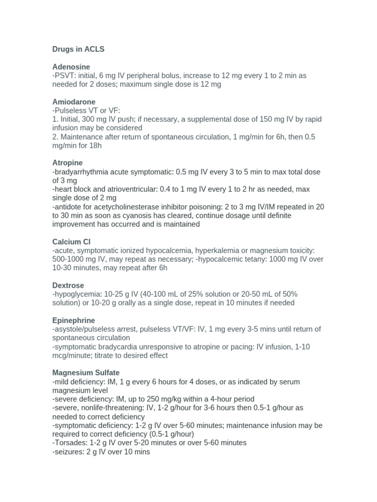 Drugs in ACLS | PDF | Magnesium | Intravenous Therapy