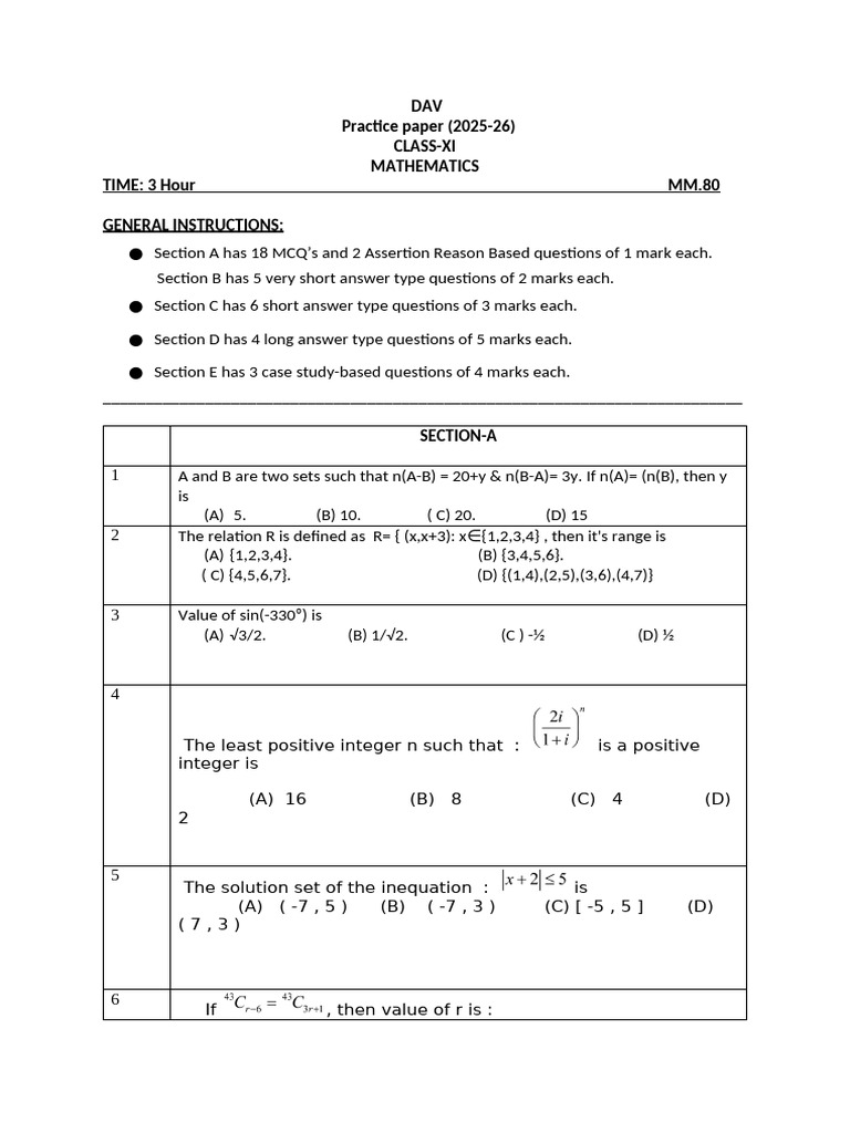 DAV PRACTICE PAPER_CBP_CLASS 11 | PDF | Mathematics