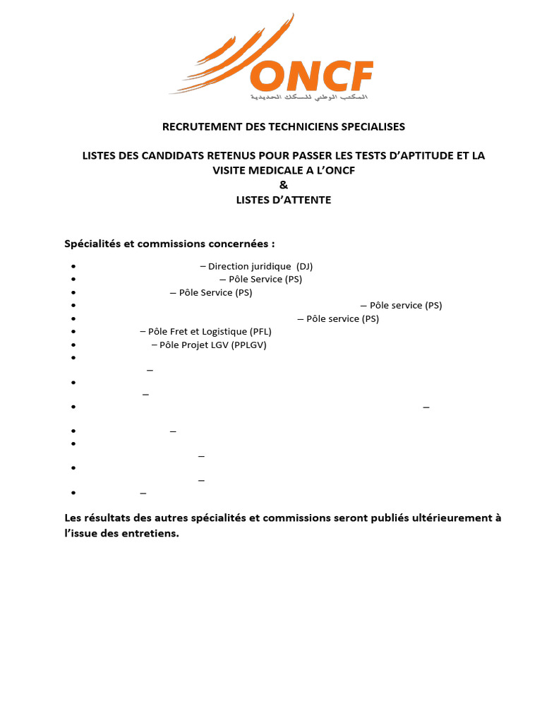 Affichage Technicien Spécialisé ONCF - Liste Des Candidats Retenus Pour ...