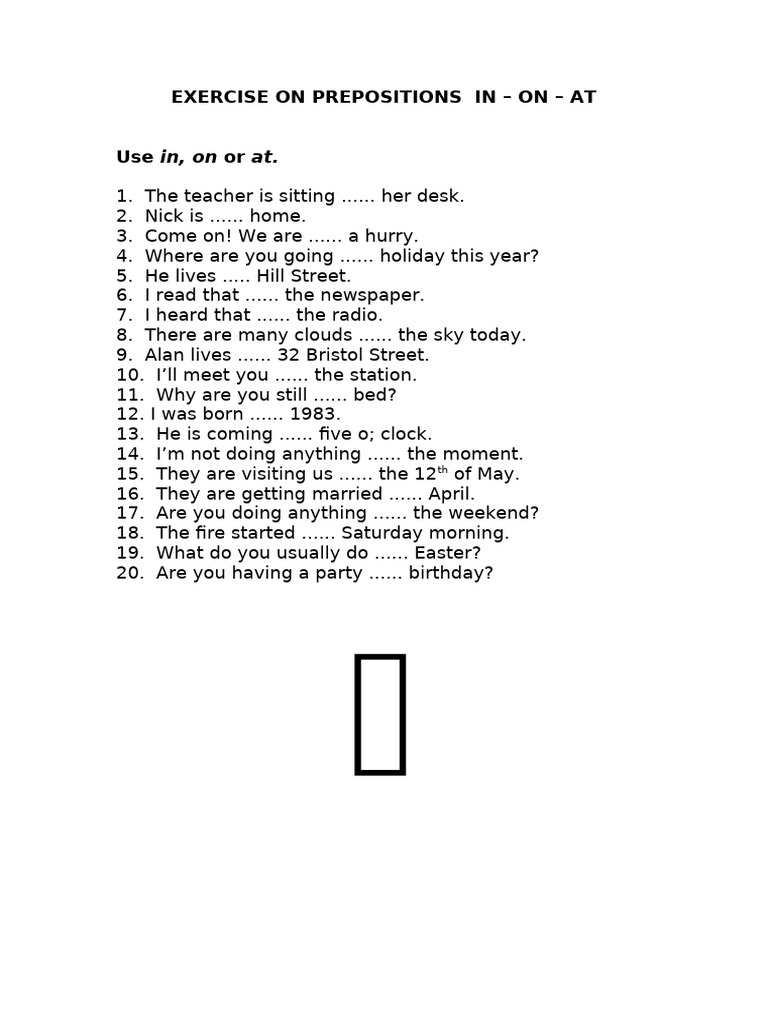 Exercises On Prepositions in On at | PDF
