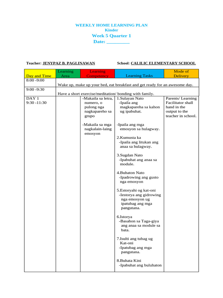 Weekly Home Learning Plan5 - Copy | PDF