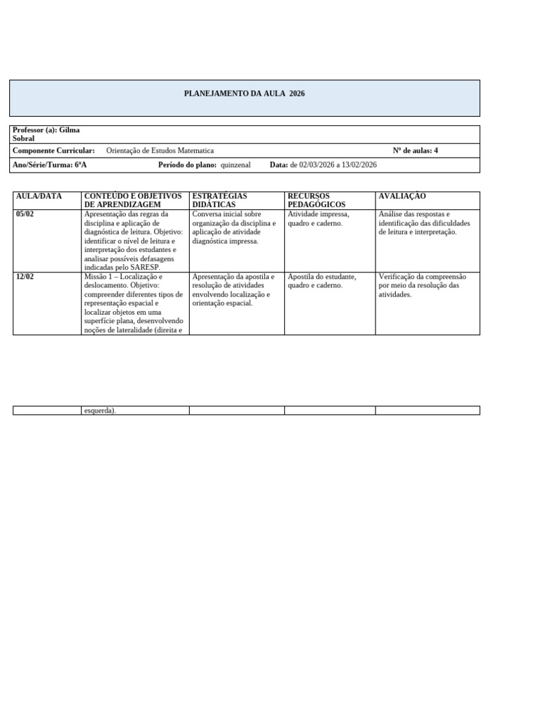 1 Planejamento de Aula 2026 | PDF