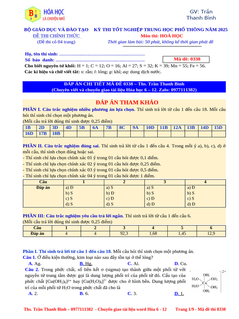2025. de Tot Nghiep THPT Mon Hoa - Ma 0338 - DA Chi Tiet.ttb | PDF