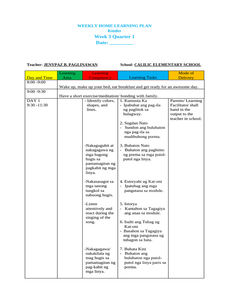 Weekly Home Learning Plan3 - Copy | PDF