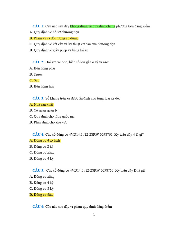 Cau Hoi On Tap-Chan Doan Kiem Dinh o To-Gk | PDF