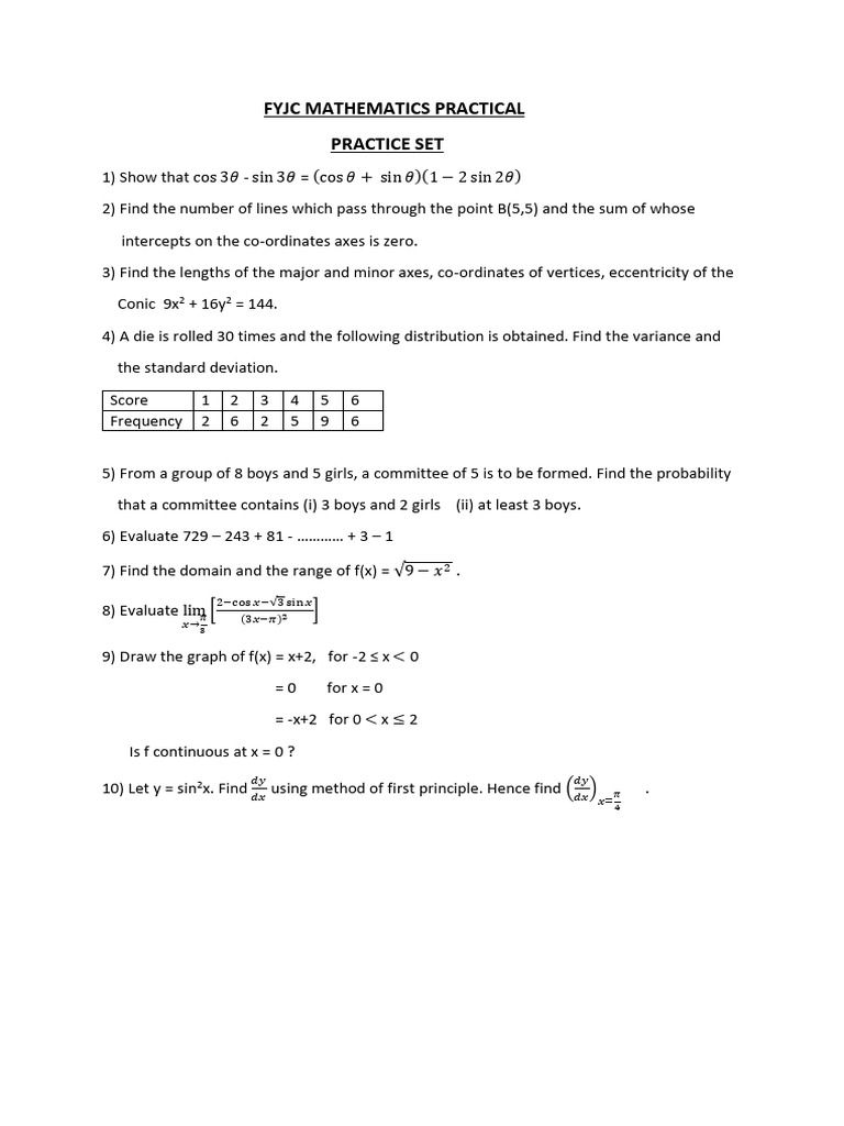 Fyjc Mathematics Practical Practice Set | PDF