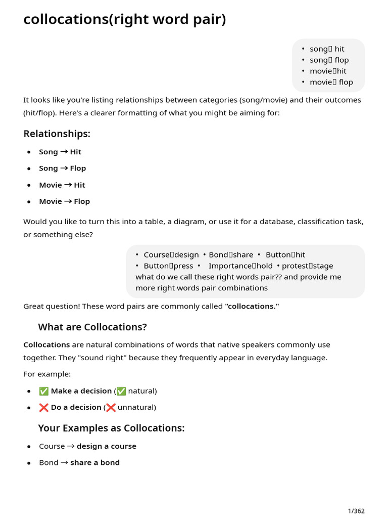 Collocations (Right Word Pair) | PDF | Adverb | Verb