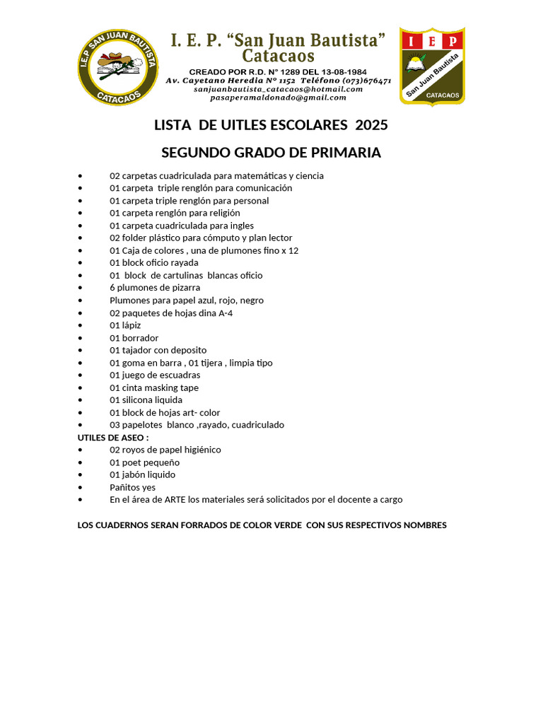 Lista Utiles Escolares Nivel Primaria | PDF | Papel | Materiales de ...
