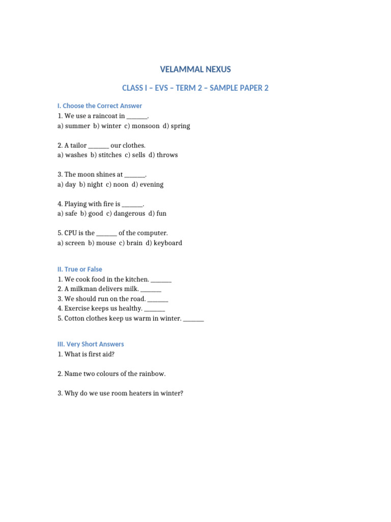 Class 1 EVS Term2 Sample Paper 2 With Answers | PDF