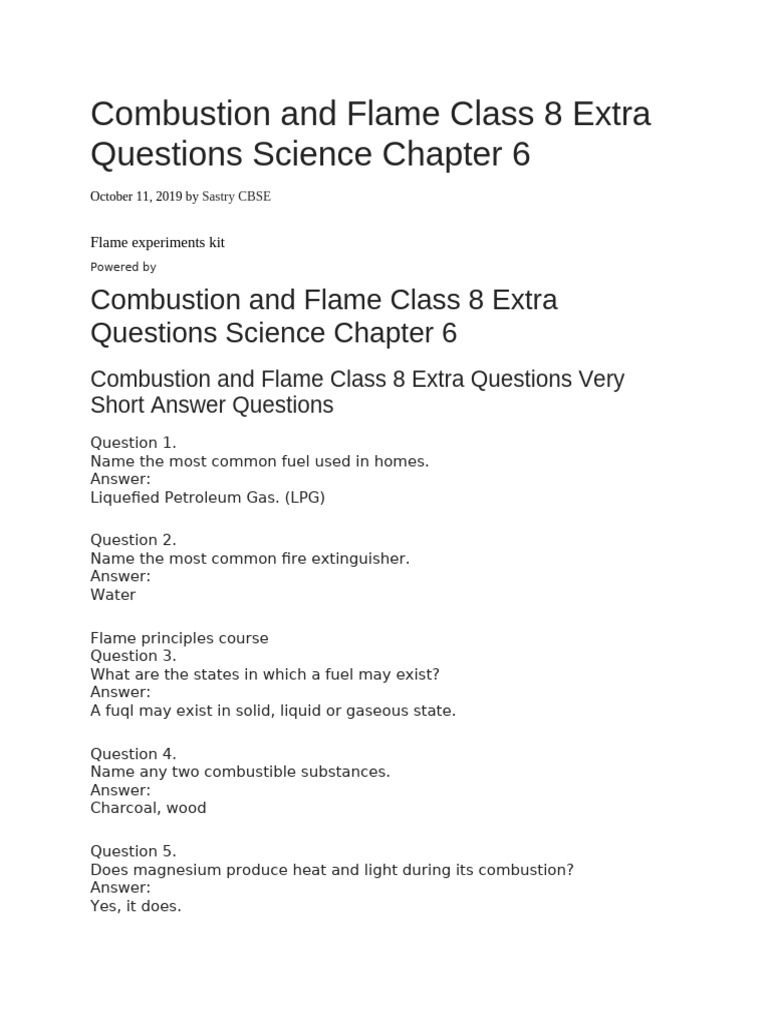 Combustion and Flame Class 8 Extra Questions Science Chapter 6 | PDF ...