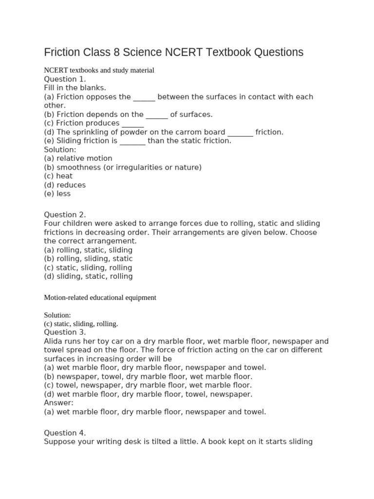 Friction Class 8 Science NCERT Textbook Questions | PDF | Friction | Brake