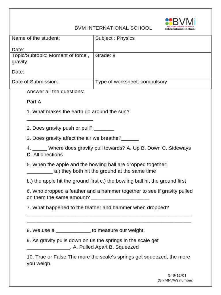 Worksheet Grade 8 Compulsory 2024 | PDF | Pressure | Gravity