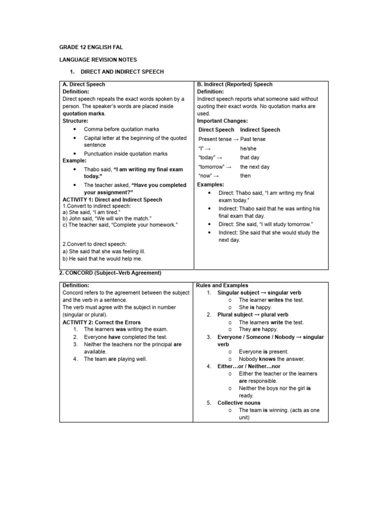 Language - Concord - Direct Indirect - Paragraph - Notes and Activity ...