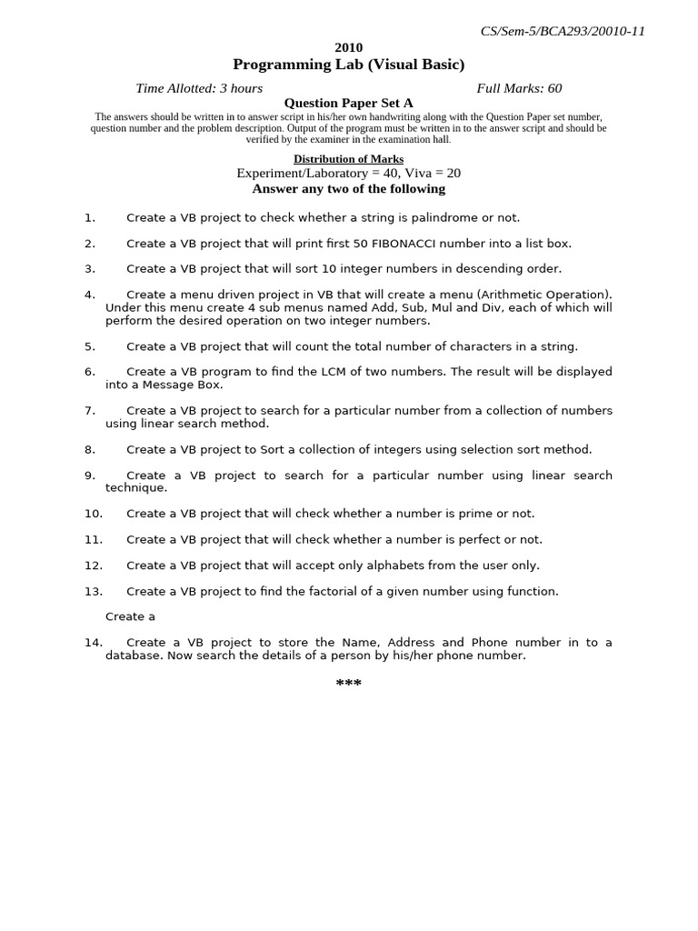 Visual Basic Question Paper 2025 | PDF | Numbers