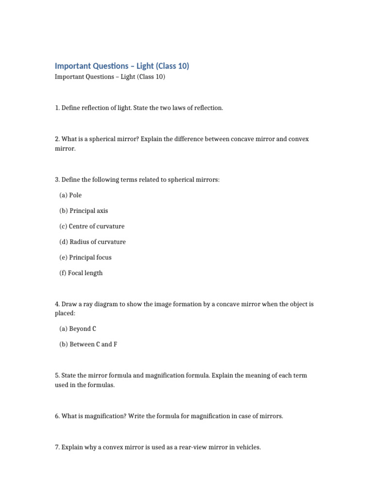 Light Important Questions 2700chars | PDF