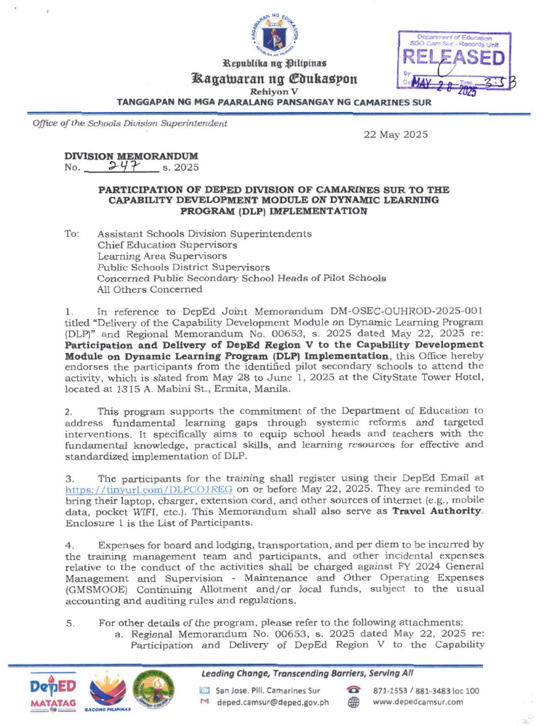 Div Memo No. 247_05282025_Participation of DepEd Division of Camarines ...
