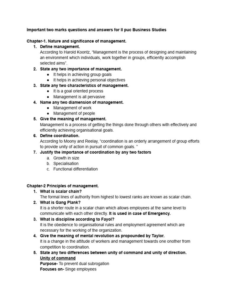 Important Two Marks Questions and Answers For II Puc Business Studies ...