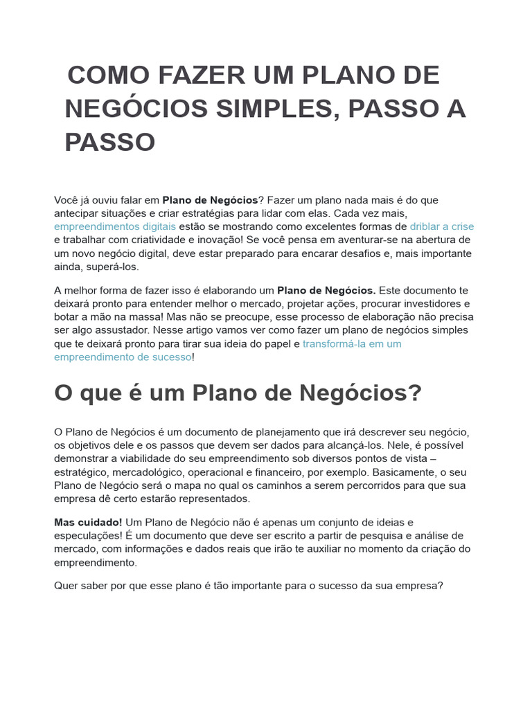 Plano de Negócios Simples, Passo A Passo | PDF | Business | Investimentos