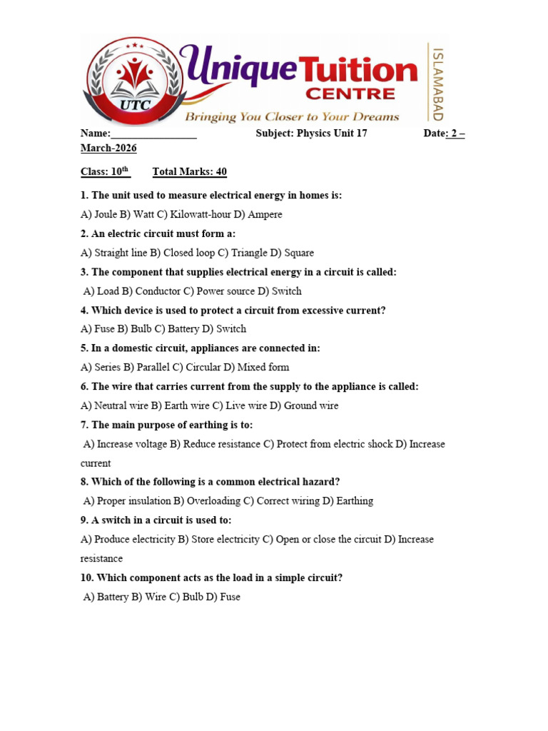 10th Physics UTC Unit 17 | PDF