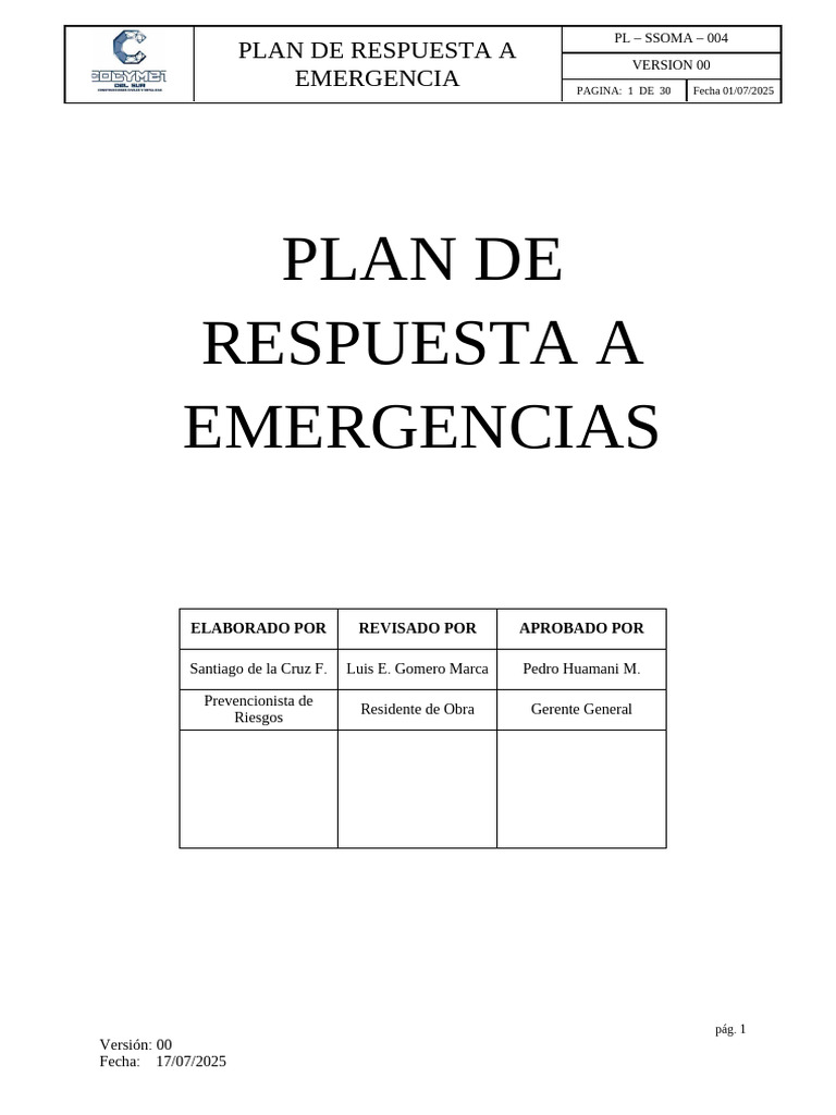 Plan de Emergencia Ver. 00 | PDF | Primeros auxilios | La seguridad